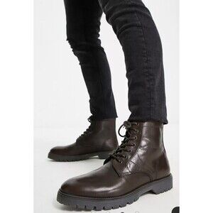 Men ASOS DESIGN lace up boots in brown leather with chunky sole UK size 7 US 9